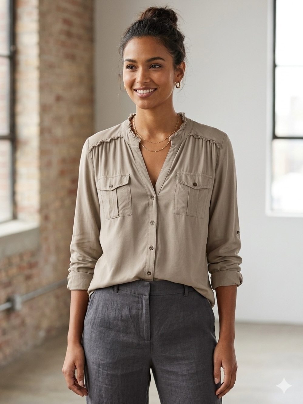 Sundance Taupe Button-Down Utility Blouse Size XL